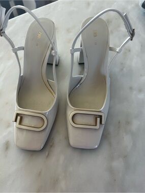 Zara White Patent Slingback Pumps with Gold Accent